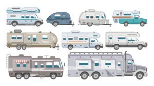 Caravan vector rv camping trailer and caravanning vehicle for traveling or journey illustration transportable set of camp van or tourism transport isolated on white background.
