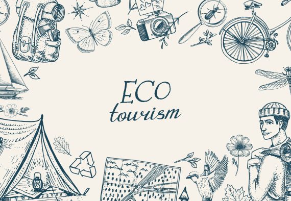Eco tourism Poster or banner.. Eco friendly tourism. Tourist wit